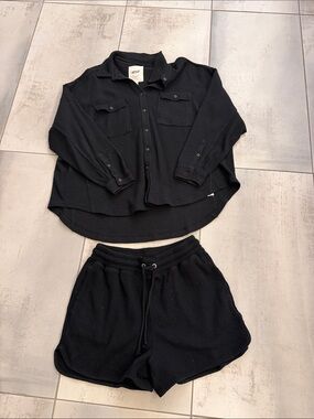 Aerie Black Waffle Knit Two-Piece Lounge Set - Top & Shorts